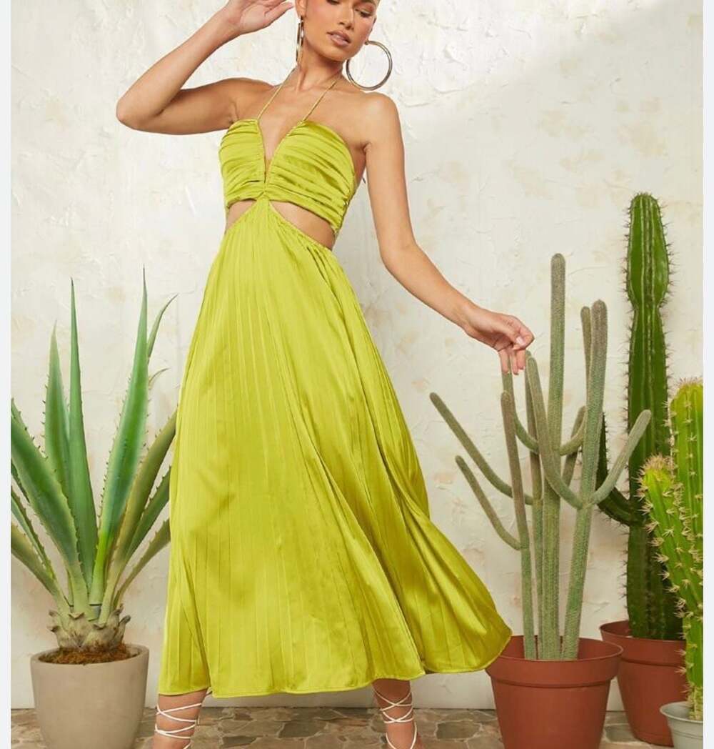 L'Amorae Cut Out Waist Pleated Tie Satin Dress green